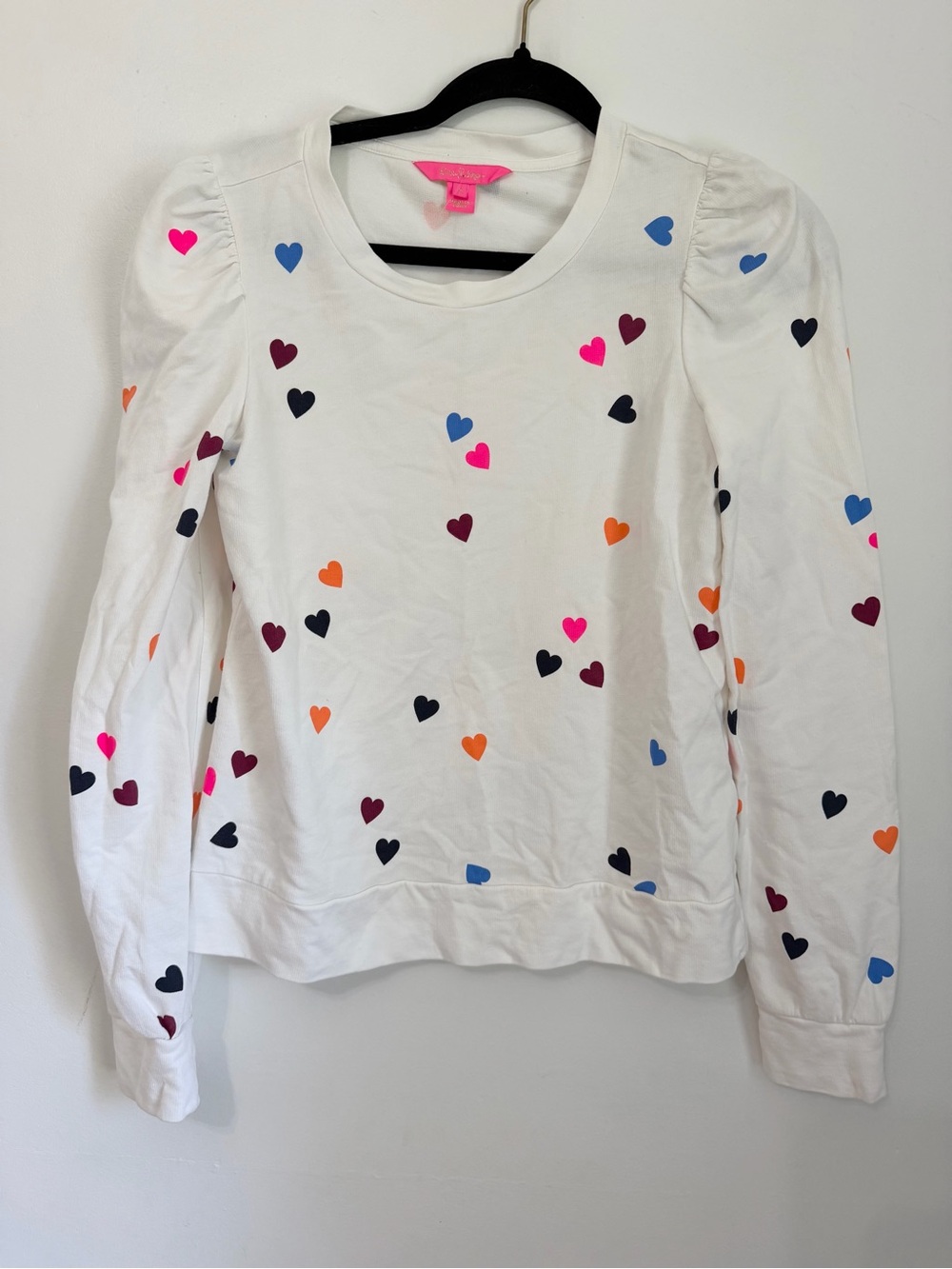 Lilly Pulitzer White Multicolor Hearts Jansen Sweatshirt 100% Cotton Size S